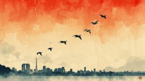 秋空を渡る渡り鳥の群れと東京の街並み。自然と都市が交わる空に、郷愁と希望が重なる情景。