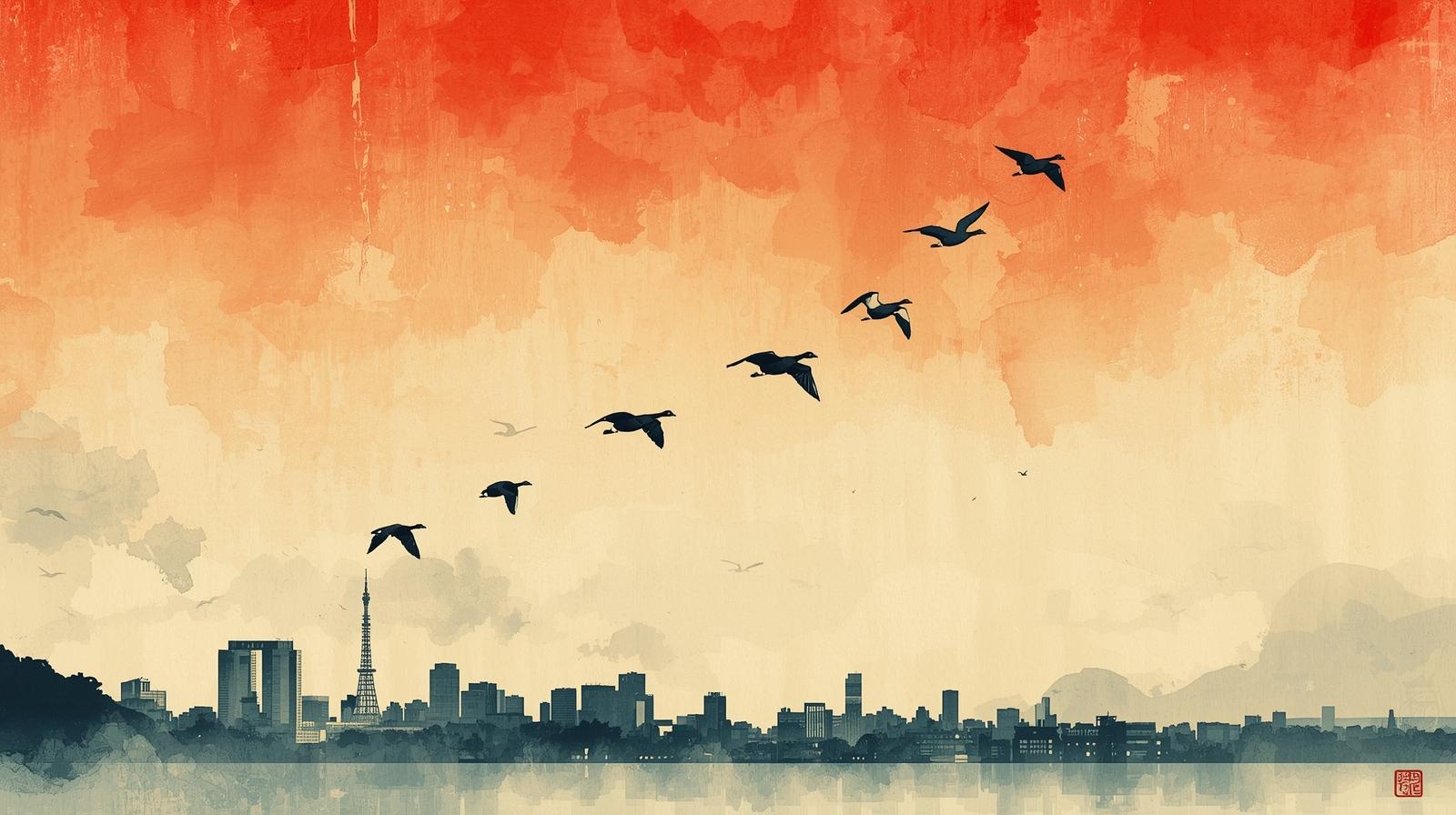 秋空を渡る渡り鳥の群れと東京の街並み。自然と都市が交わる空に、郷愁と希望が重なる情景。