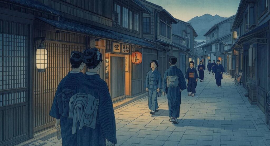 江戸の町で、藍色の着物をまとう町人たちが夕暮れの通りを歩く。倹約の時代に生まれた“粋”を象徴する情景。