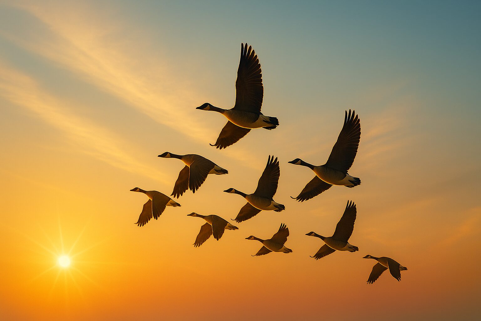 夕暮れの空をV字編隊で飛ぶ渡り鳥の群れ。自然が生み出した協働のフォーメーション。