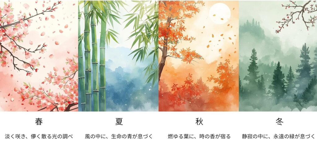 四季の風景を描いた水彩画。 春の桜、夏の竹林、秋の紅葉、冬の常緑樹が並び、 それぞれの季節を象徴する柔らかな色調で表現されている。