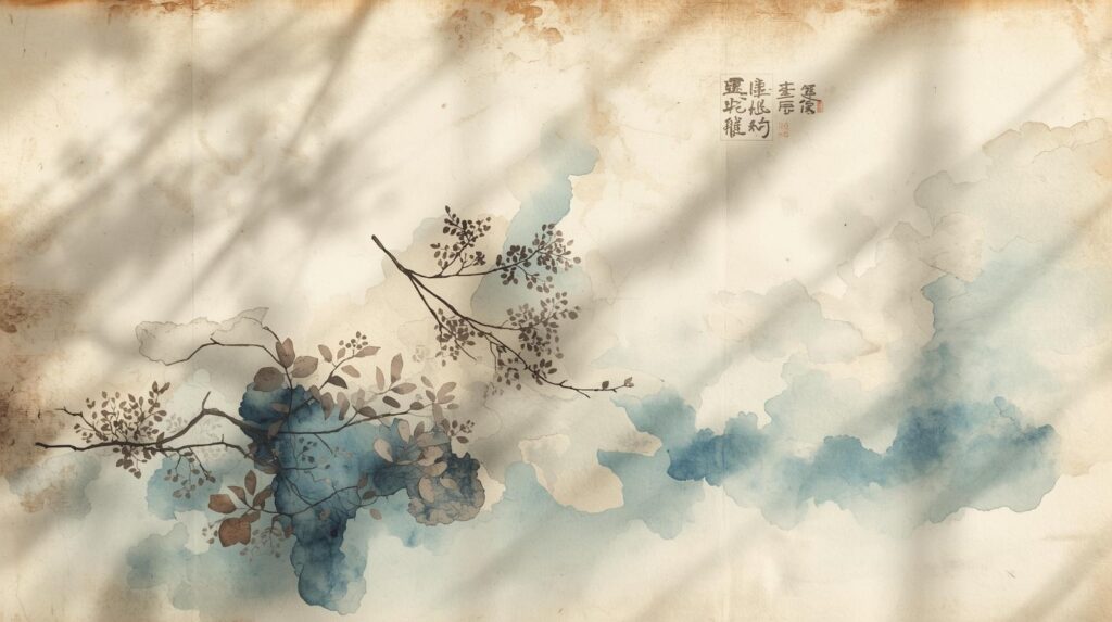 和紙の上に淡い青と茶の水彩が滲む日本画風のイラスト。 枝葉の墨線が流れ、背景には柔らかな光と影が差し込む。 静けさと詩情を感じさせる構図。