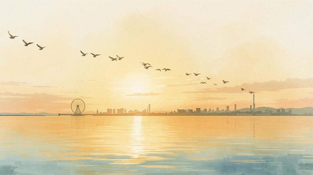 夕暮れの東京湾を渡る渡り鳥の群れ。 光る水面の向こうに観覧車と都市のシルエットが見える。