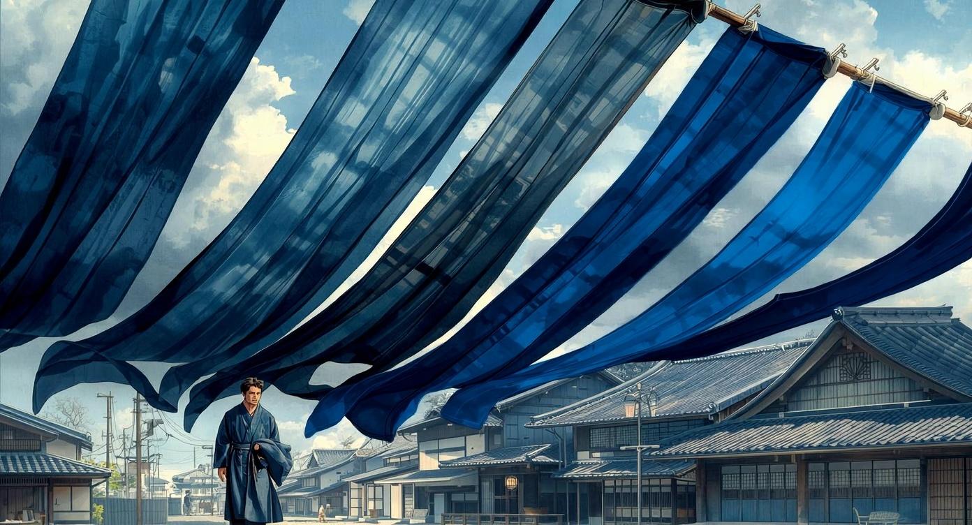 江戸の町並みと藍染め布が青く連なる、日本の伝統色「藍色」を象徴する風景。