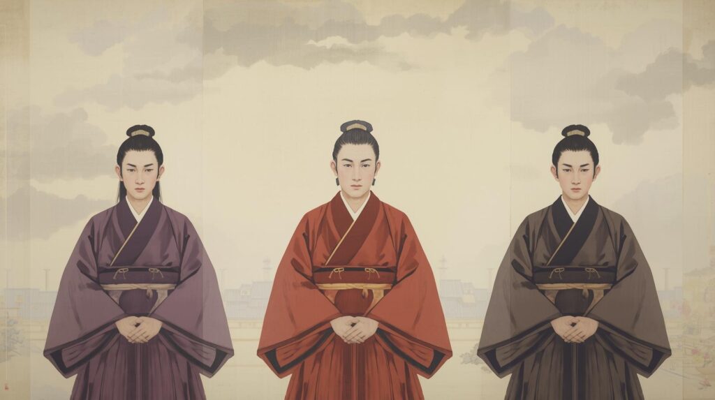 冠位十二階を象徴する3人の人物が並ぶイラスト。 左の人物は紫の衣をまとい高位を示し、中央は赤、中位の官人、右は灰褐色の庶民の衣装を着ている。 背景には宮廷の建物が淡く描かれている。