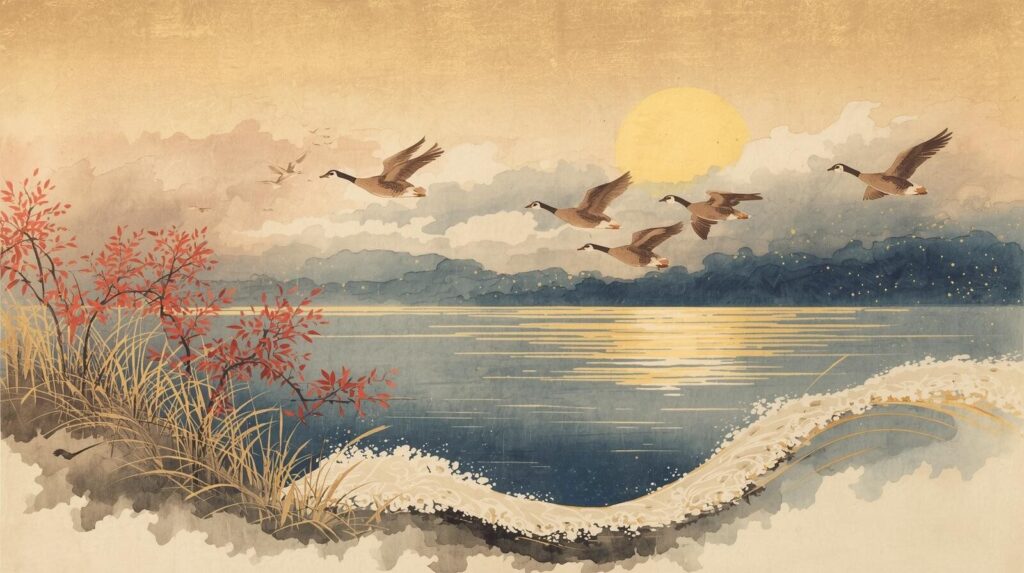 満月に照らされた水面を渡る雁の群れ。紅葉の岸辺と波が光を受け、秋の夜の静けさを映す。