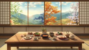 四季折々の山の風景を背景に、旬の料理が並ぶ日本の和室の食卓。春の桜、夏の緑、秋の紅葉、冬の光が一つの窓に映る。