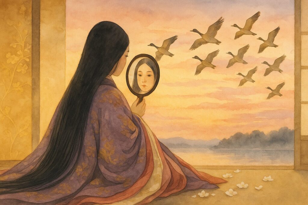 夕暮れの宮中で、十二単をまとった平安時代の女性が手鏡を見つめている。背後の空には渡り鳥が飛び立ち、静かな哀しみと郷愁が漂う。