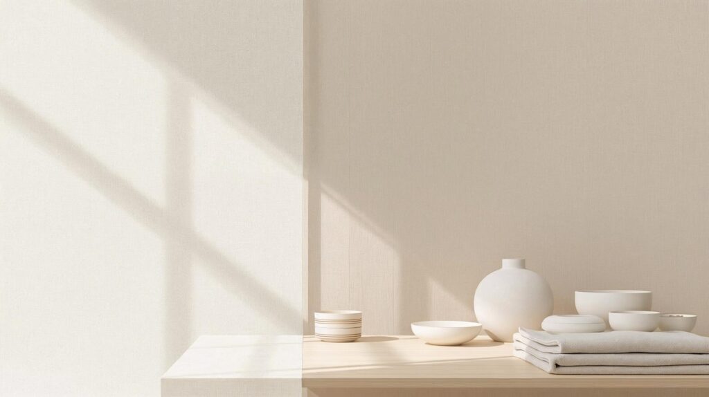 柔らかな光が差す生成りの空間に並ぶ無印良品の白い器と布。何も飾らず、素材そのものの美しさを引き出したミニマルなデザイン。