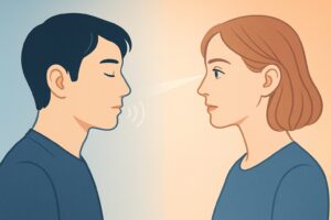 日本人と西洋人の聞き方の違いを象徴する構図。耳と目が交差するように描かれたイラスト。