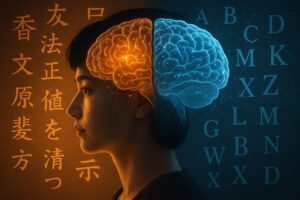漢字とアルファベットが浮かぶ脳のイメージ。読む文字の違いによる脳活動の差を象徴。