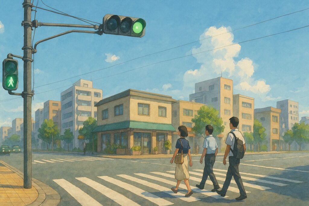 緑色に光る信号機と横断歩道を渡る人々を描いた日本の街角のイラスト