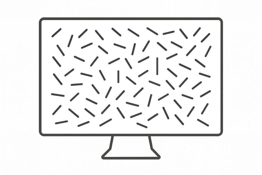 多数の線の中から一本だけ異なる線を探す実験のイメージ