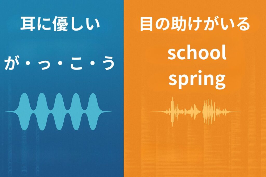 日本語と英語の音構造の違いを示す図。日本語は母音中心、英語は子音が多く、視覚の助けが必要。