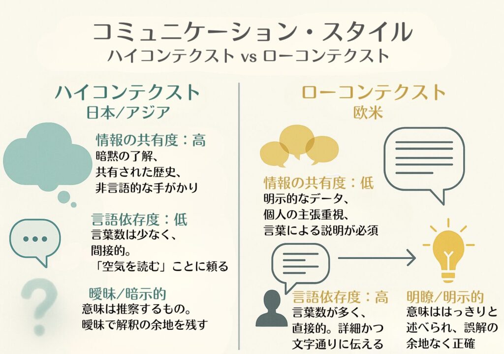エドワード・ホールによるハイコンテクスト文化とローコンテクスト文化の比較図。