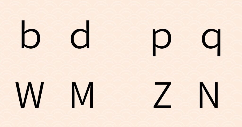 「b」「d」「p」「q」などの反転・回転を比較したアルファベット図