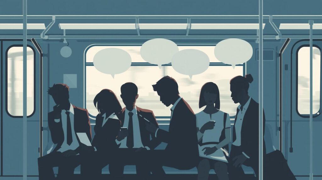 満員電車で「すみません」と言う人々のイラスト