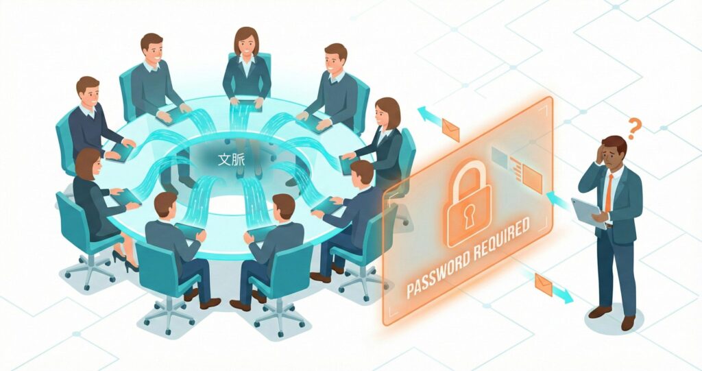 円卓を囲むビジネスパーソンたちが「文脈」という光のネットワークで繋がっている様子。その輪の外で、一人のビジネスマンが「PASSWORD REQUIRED」と表示されたバリアに阻まれ、アクセスできずに困惑しているイラスト。ハイコンテクスト文化の排他性をWi-Fiのセキュリティに例えて表現している。