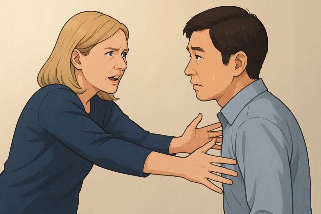 金髪の女性がハグをしようと日本人男性に両腕を伸ばして近づいている。男性は体をわずかに引き、困惑した表情を浮かべている。