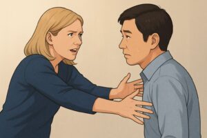 金髪の女性がハグをしようと日本人男性に両腕を伸ばして近づいている。男性は体をわずかに引き、困惑した表情を浮かべている。