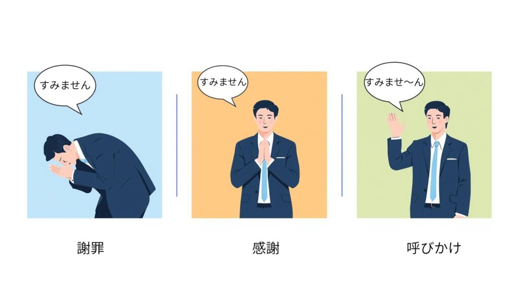 同じ「すみません」という言葉を使いながらも、謝罪・感謝・呼びかけという異なる意味を表す3人のビジネスマンのイラスト。