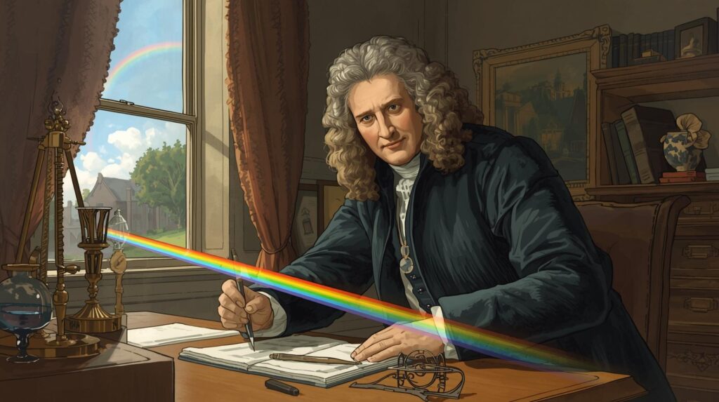 17世紀の書斎でプリズム実験を行うアイザック・ニュートンのイラスト