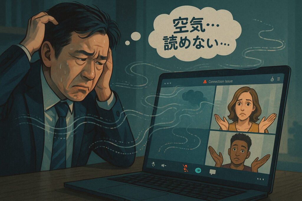 リモート会議でコミュニケーションに苦労するビジネスパーソン。画面越しに意図が伝わらない様子。