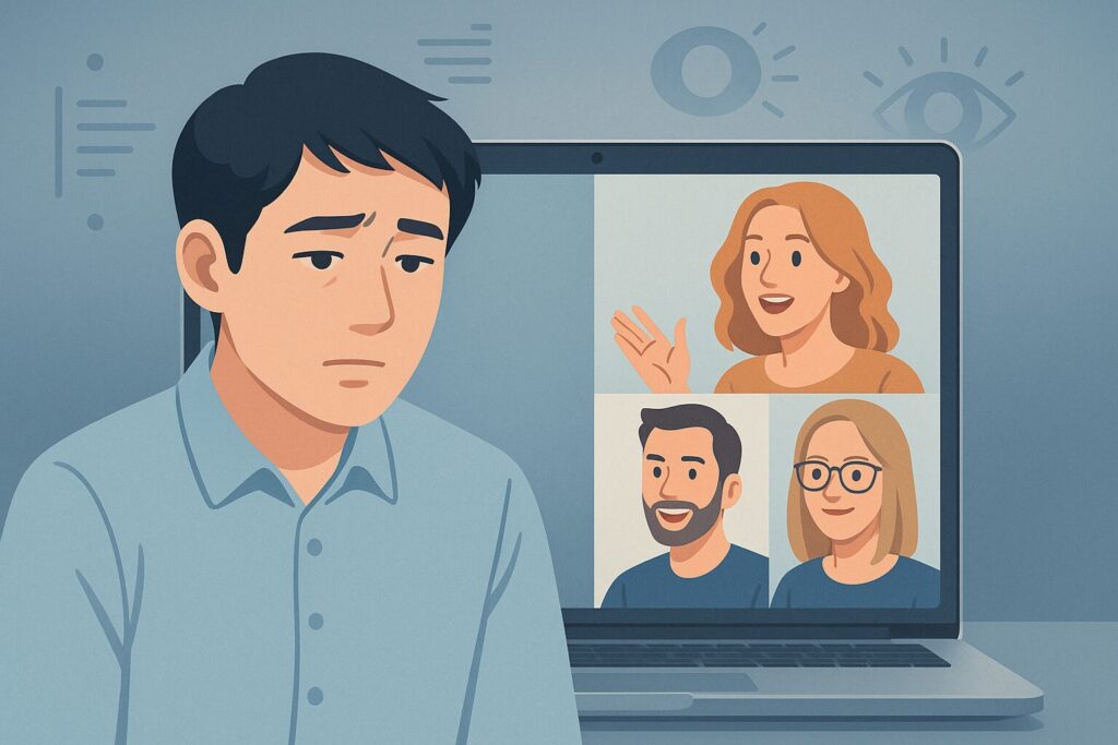 Zoom会議で日本人が視覚情報処理に負担を感じている様子を描いたイラスト。