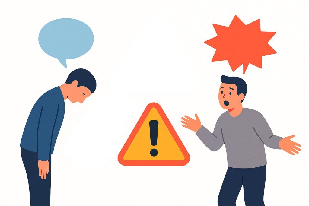 すみませんが海外で誤解される様子を示したイラスト