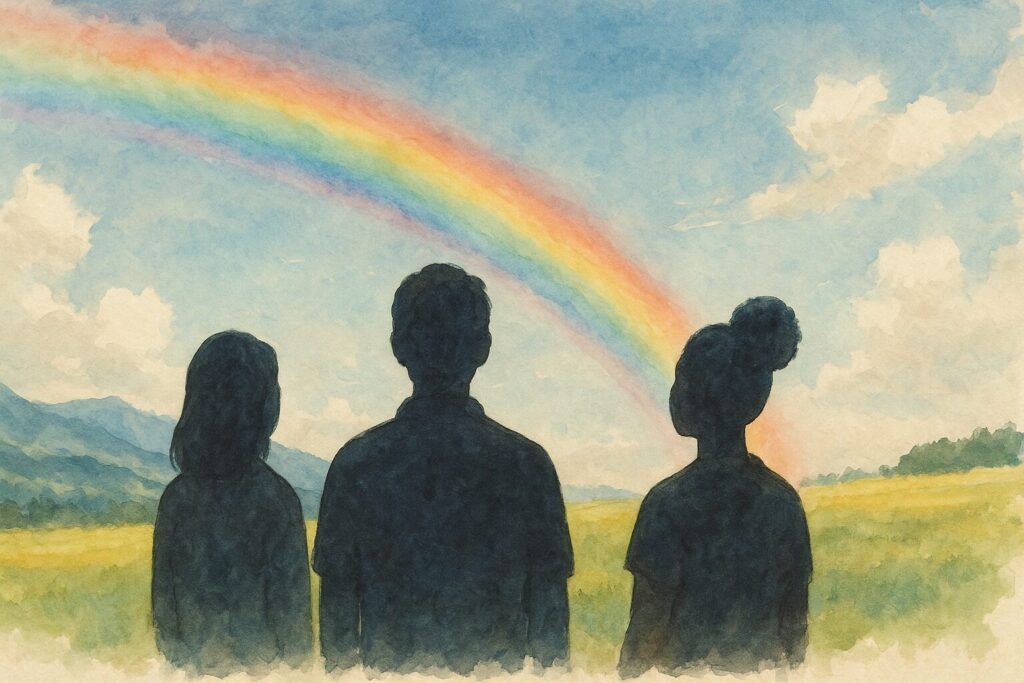 虹を見上げる3人の後ろ姿のシルエットを描いた水彩画風イラスト