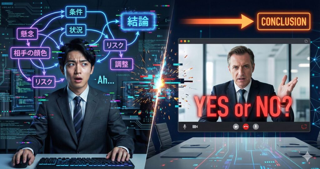 オンライン会議で「Yes or No?」と即答を迫られ、脳内で複雑な処理を行いながら困惑する日本人ビジネスパーソン。