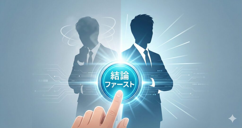 日本人ビジネスパーソンが「結論ファースト」と書かれた心のスイッチを押し、自信に満ちた表情に切り替わるイラスト。