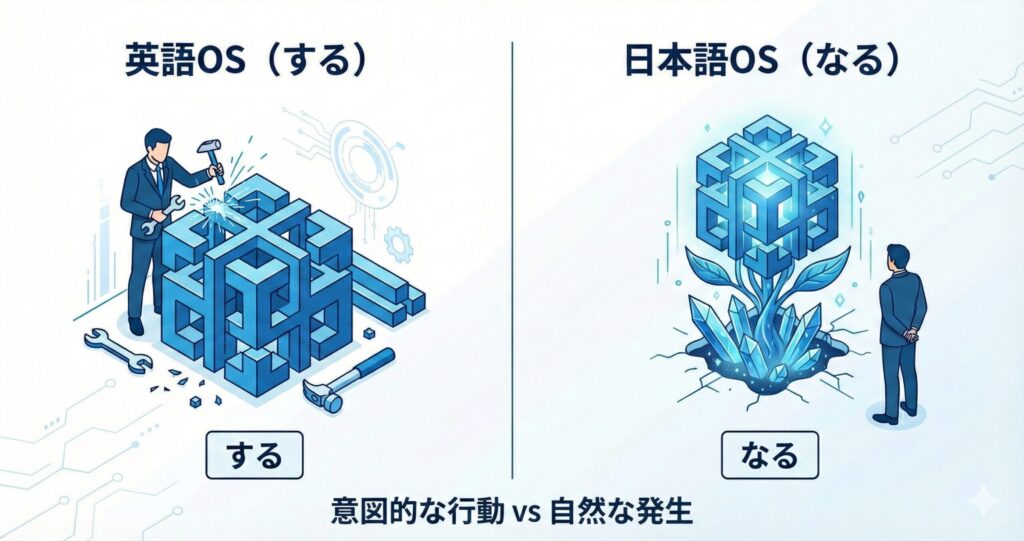 「英語OS（する）」と「日本語OS（なる）」の比較イラスト。左側はビジネスマンが工具を使って意図的に構造物を組み立てているが、右側は同じ構造物が植物のように自然発生して光っており、人はただそれを見守っている様子を描いている。「意図的な行動」と「自然な発生」の対比図。