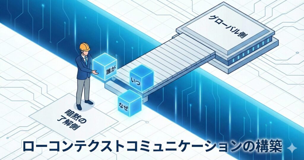 「暗黙の了解側」から「グローバル側」へ向けて、ビジネスパーソンが「誰が」「いつ」「なぜ」と書かれたブロックを積み上げ、橋を架けているイラスト。ローコンテクストコミュニケーションの構築をテック風のアイソメトリック図で表現している。