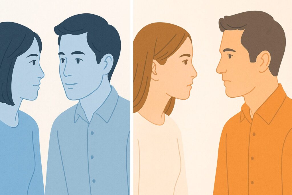 日本人と西洋人の視線の違いを示す図。日本人は目元、欧米人は唇に視線を向ける。