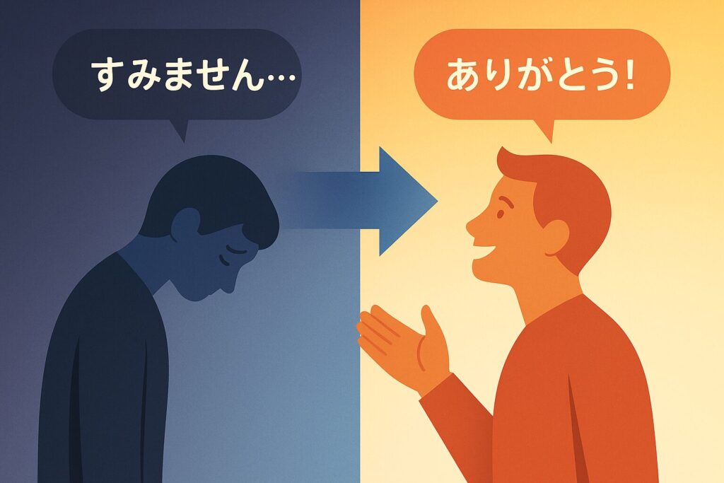 すみませんからありがとうへの転換を示すイラスト