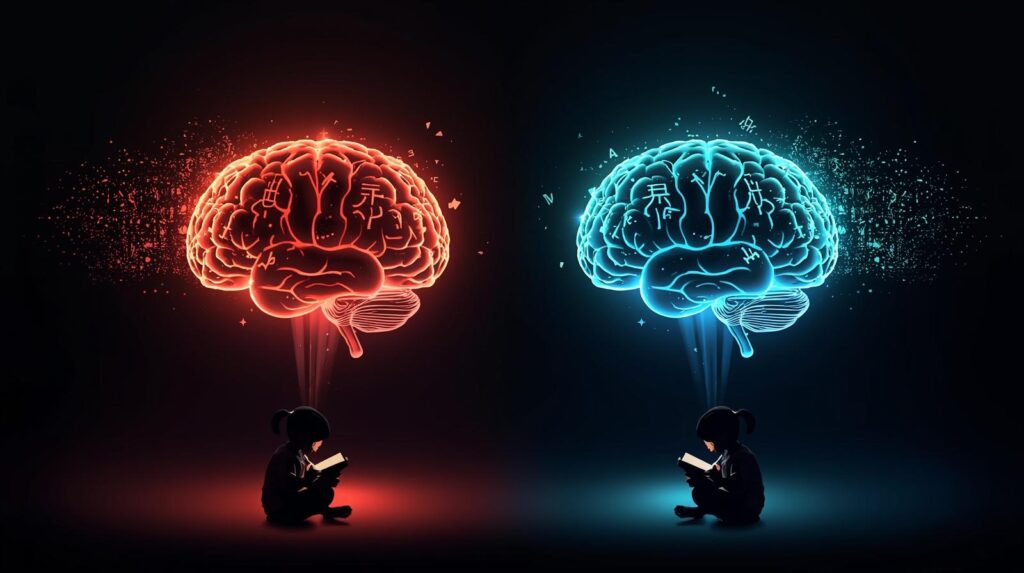 漢字を読むときとアルファベットを読むときに働く脳の領域を示す図