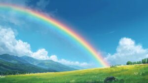 雨上がりの山と草原に架かる美しい虹のイラスト