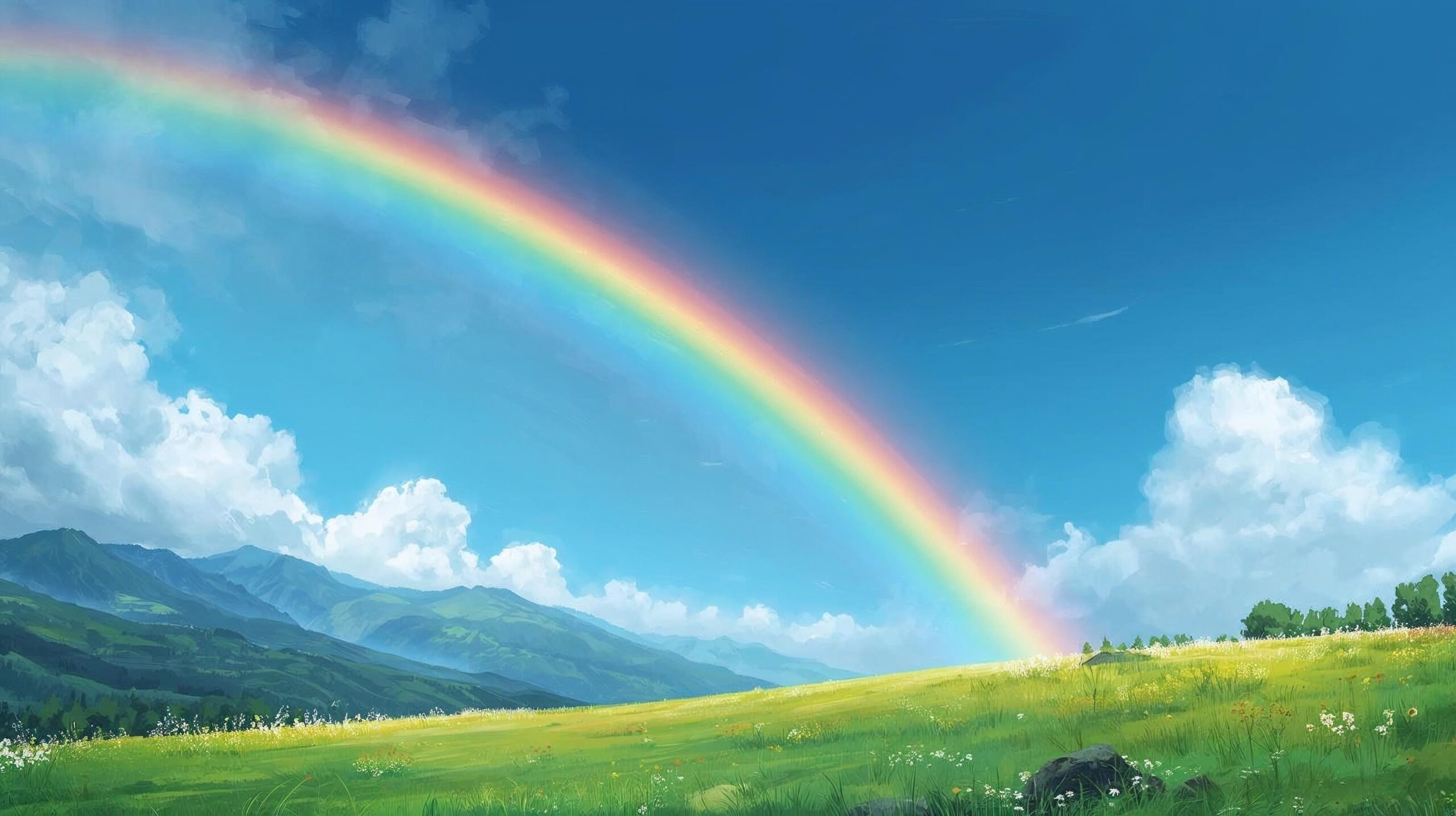 雨上がりの山と草原に架かる美しい虹のイラスト