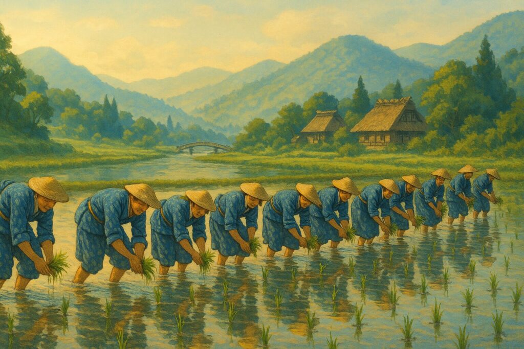 日本の伝統的な田植え風景。集団で協力して行う稲作作業。