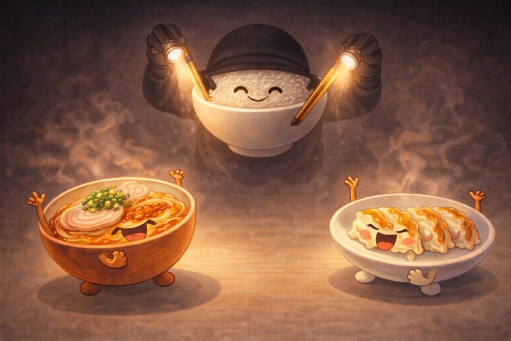 白飯が裏方のように振る舞い、ラーメンと餃子に光を当てている様子を描いたイラスト