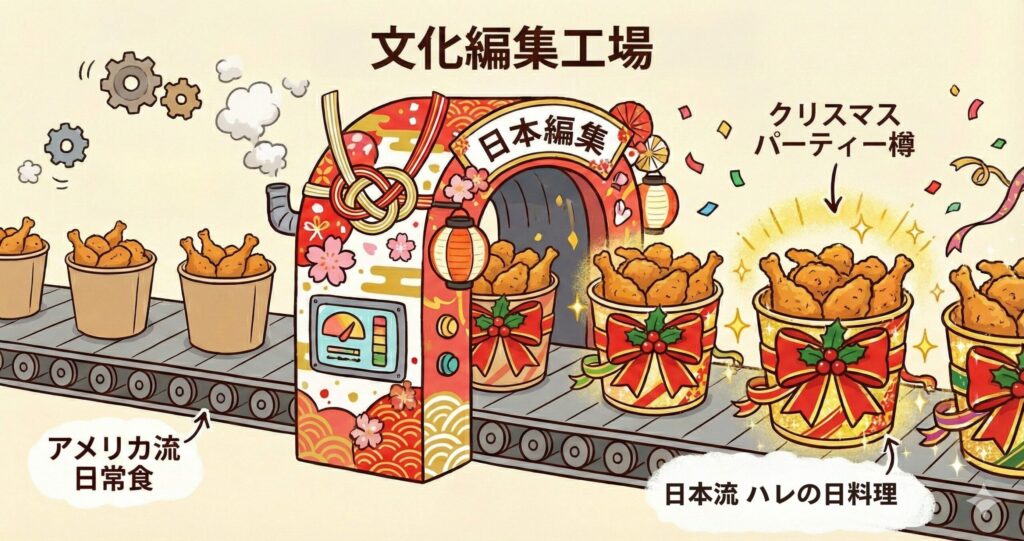 ベルトコンベアに乗った普通のチキンが、「日本編集」と書かれたゲートを通過すると、豪華なクリスマスパーティ用チキンに変身して出てくるコミカルなイラスト。