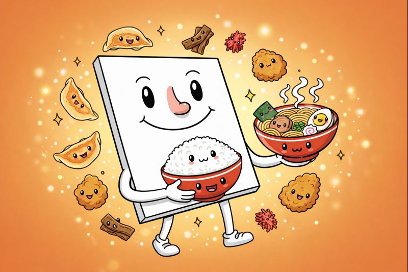 白い「キャンバス」のキャラクターが白飯とラーメンの丼を持ち、周囲に餃子や唐揚げなどが浮かぶコミカルなイラスト