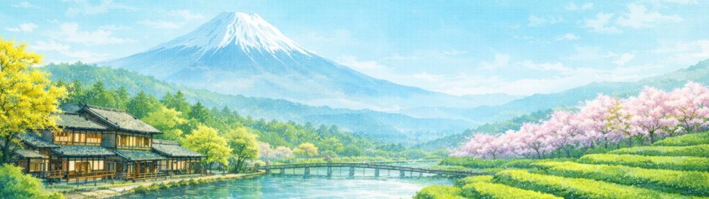 春の富士山と川辺の京町家、茶畑と桜を描いた水彩イラストの横長バナー