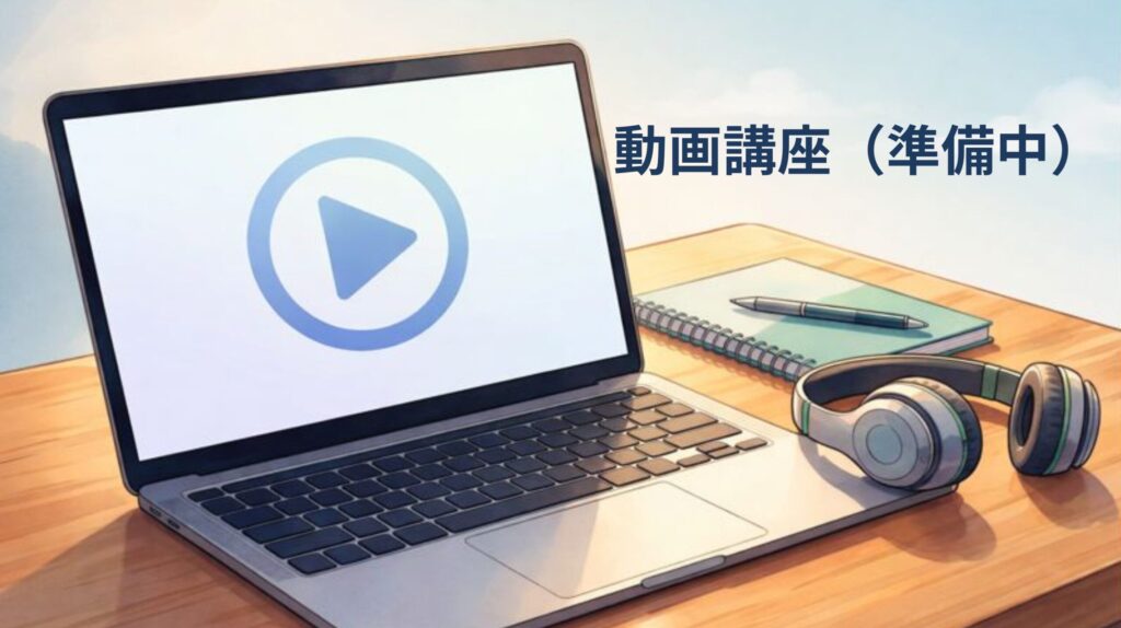 ノートPCと学習アイテムのイラスト（動画講座）