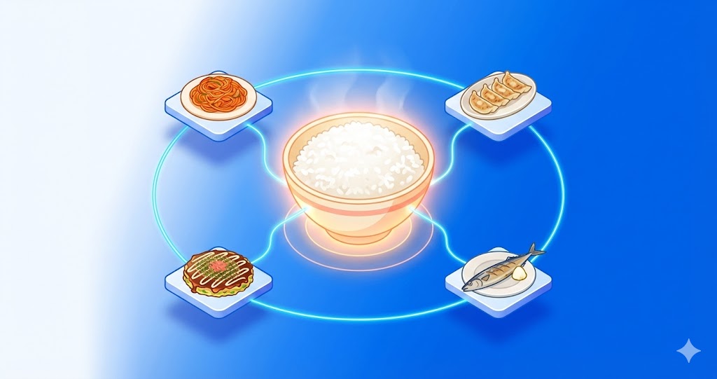 白いご飯を中心に、ナポリタンや餃子などの料理が衛星のように配置された「ご飯OS」の概念図。