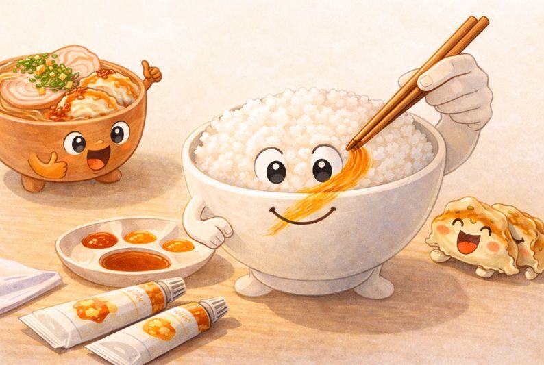 白飯をキャンバスに見立て、箸でスープ色を描き足している様子をコミカルに描いたイラスト