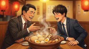 居酒屋で湯気の立つおでん鍋を囲み、具材について熱く楽しそうに議論するスーツ姿の男性たち