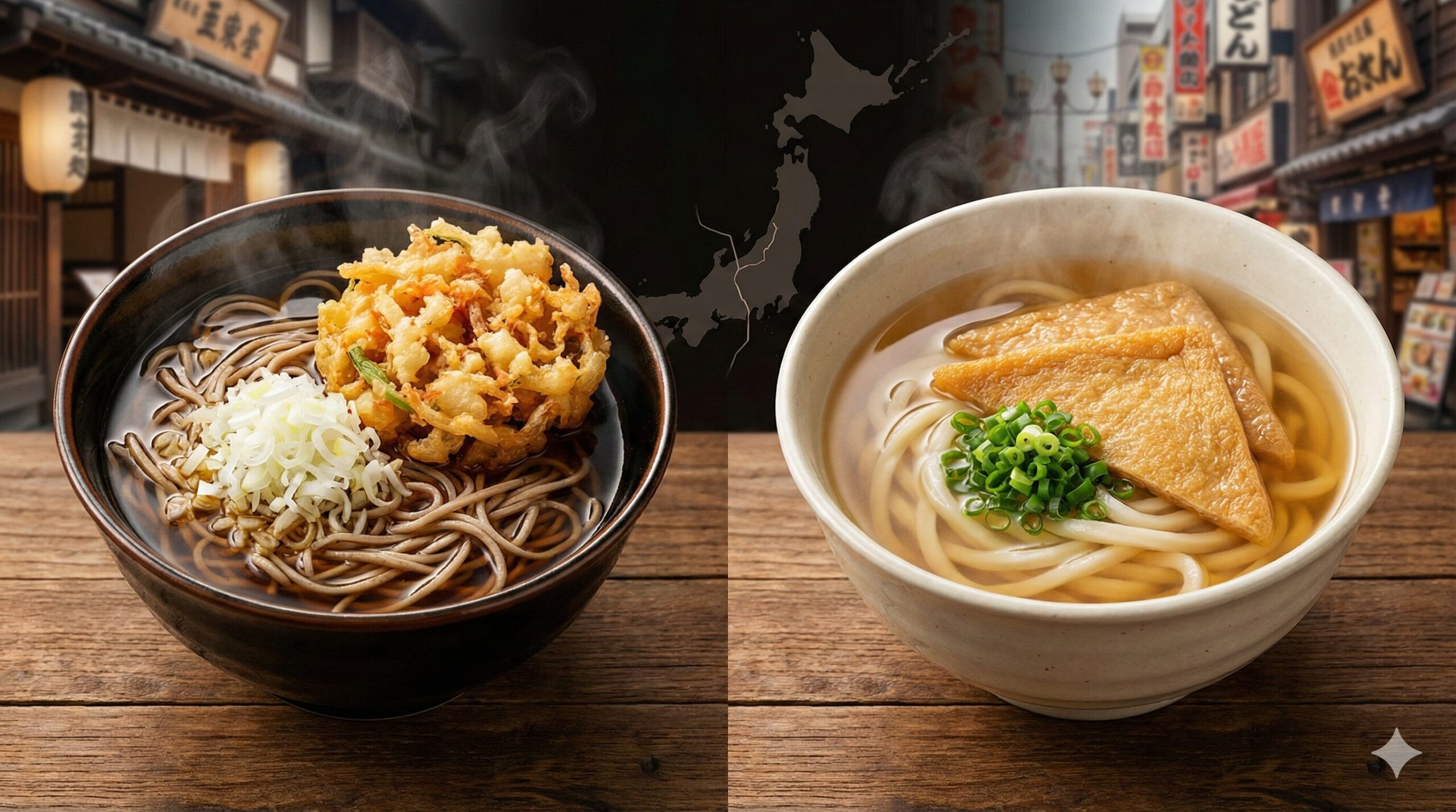 左右に分割された画像。左側は黒いスープの関東風そば、右側は透き通った黄金色のスープの関西風うどん。中央には日本列島のシルエットがあり、東西の食文化の違いを対比させている。