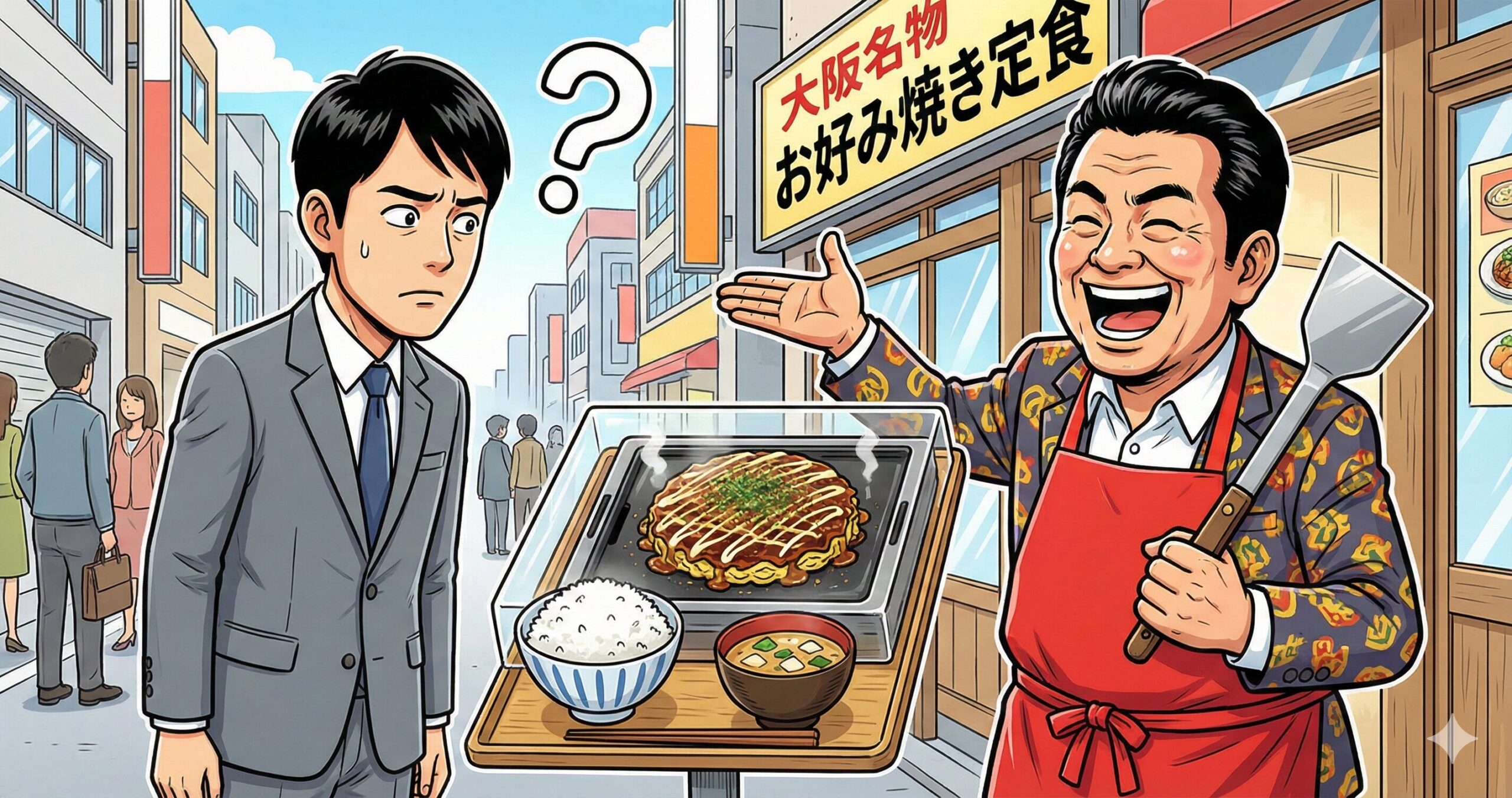 大阪のお好み焼き屋の前で、お好み焼きとご飯がセットになった食品サンプルを前に、エネルギッシュに笑う大阪人の店主と、理解できずに困惑顔で固まるスーツ姿の東京人のコミカルなイラスト。